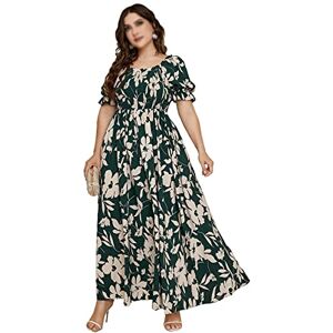 Thetie Women's Plus Size Boho Floral Short Sleeve Shirred Bust High Waist A Line Swing Long Dress (Color : 1, Size : XXXL/XXX-Large)