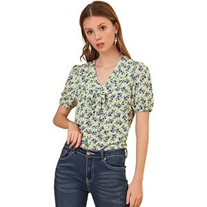 Allegra K Women's Floral V Neck Blouse Puff Short Sleeves Button Front Work Shirt Top Green 16