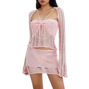 SMIMGO Womens Crochet Knit 2 Piece Skirt Set Sexy Sequin Long Sleeve Halter Crop Top and Low Waist Mini Skirt Set Y2K Girls Summer Outfits (Color : Pink1, Size : M)