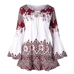 Haolei Oversized T Shirts for Women UK Sale Retro Vintage Print Argyle Shirt Bell Sleeve Swing Tops Keyhole Neck Casual Long Sleeve Graphic Summer Tee Blouse Long Length Tunic Tops Plus Size 22-24 Red