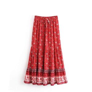 Boho Maxi Skirt Summer Casual Skirts for Women Floral Long Flowy Flare Gypsy Hippie Bohemian Style (UK, Alpha, M, Regular, Regular, Red)