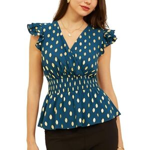 GRACE KARIN Women's Summer Chiffon Blouse Elegant V-Neck Top with Short Flutter Sleeves Peacock Blue L