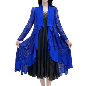 FWSHANGMAO Womens Lace Kimono Cardigan Elegant Long Sleeve Lightweight Cardigan with Ruffles Curved Hem, Loose Long Kimono Beachwear Boho Bikini Cover-Up Blue Xxs