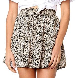 Janly Clearance Sale Skirt for Women, Women Casual Print Ruffles A-Line Pleated Lace Up Bandage Short Skirt, for Holiday Summer (Khaki-S