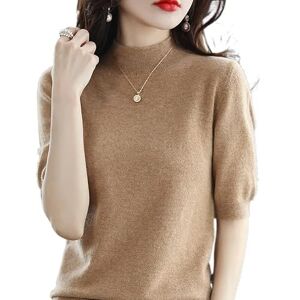 DULIDU Women's O Neck Cashmere Wool Knit Summer Autumn Short Sleeve Loose Sweater Solid Color (Color : Golden camel, Size : L)