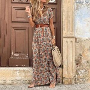 XSWLYY Boho Long Dress Retro Short Sleeve V Neck Beach Vintage Paisley Print Maxi Dress Ladies Elegant Belted Split Dress Robe