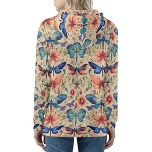 Garronmavis Retro Plants Butterfly Dragonfly Women's Zip Long Sleeve Sweatshirt Flower Dragonflies Casual Drawstring Jacket Insect Art Drop Shoulder Full Zip Up Hoodie - 4XL