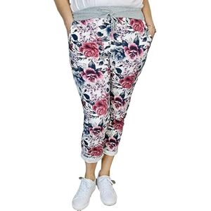 asfashion online Womens Elastic Waist Turn Up Italian Trousers Floral Print Side Pocket Drawstring Summer Pants (Rose Stem Print UK 16-18)