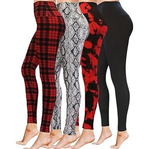 Generic High Waisted Full Length Workout Not See Through Leggings Capri Shorts Soft Stretchy(L-XL, 4 Pack (Black Red Tie Dye, Snake, Red Plaid, Black))