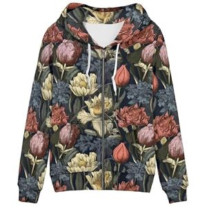 Garronmavis Retro Flowers Women's Hooded Sweatshirt Vintage Flower Long Sleeve Pullover Hoodie Artistic Floral Art Casual Y2K Fall Jacket Washable Fall Clothes - 4XL