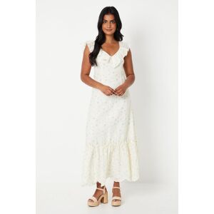 Oasis Embroidered Floral Frill Neckline Midaxi Dress White 14,6,8,12,10,18,16 female