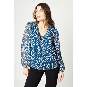 Wallis Womens Leopard Print Frill Neck Blouse - Blue - Size: 8