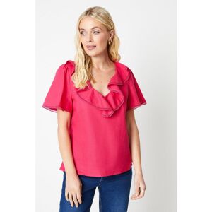 Wallis Womens Petite Linen Trim Frill Neck Top - Pink - Size: 20