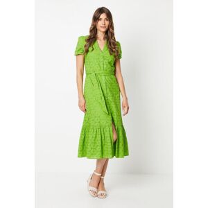 Wallis Womens Broderie Belted Midi Shirt Dress - Green - Size: 20
