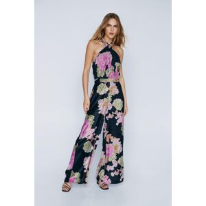 NastyGal Velvet Floral Cross Halter Wide Leg Jumpsuit