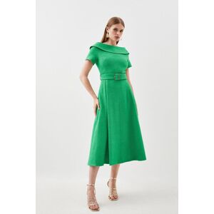 KarenMillen Tailored Roll Neck Tweed Bardot Belted Full Skirt Midi Dress