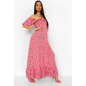 boohoo Polka Dot Bardot Puff Sleeve Maxi Dress