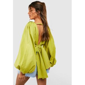 boohoo Linen Balloon Sleeve Tie Back Crop Top