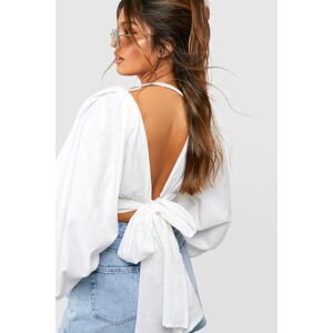 boohoo Linen Balloon Sleeve Tie Back Crop Top