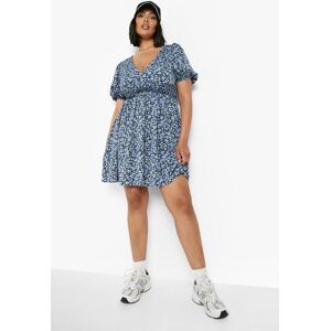 boohoo Plus Floral Puff Shirred Waist Skater Dress