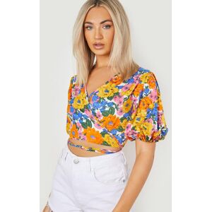 boohoo Floral Puff Sleeve Tie Back Crop Top