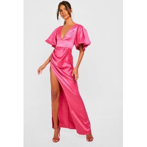 boohoo Satin Puff Sleeve Plunge Maxi Dress