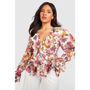 boohoo Plus Floral Ruffle Front Dobby Mesh Blouse