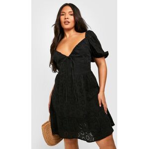 boohoo Plus Broderie Anglaise Puff Sleeve Tiered Skater Dress