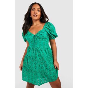 boohoo Plus Broderie Anglaise Puff Sleeve Tiered Skater Dress