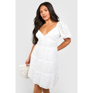 boohoo Plus Broderie Anglaise Puff Sleeve Tiered Skater Dress