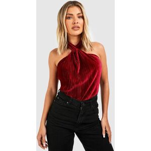 boohoo Plisse Pleated Velvet Halterneck Twist Bodysuit