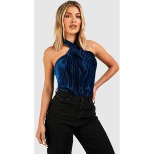 boohoo Plisse Pleated Velvet Halterneck Twist Bodysuit