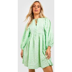 boohoo Plus Gingham Textured Blouse Sleeve Smock Dress