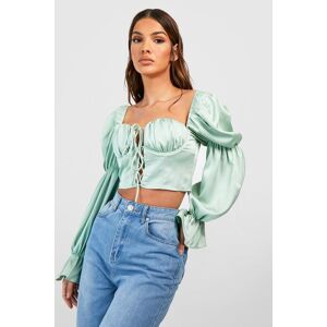 boohoo Textured Satin Lace Up Detail Puff Sleeve Corset Top