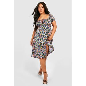 boohoo Plus Floral Puff Sleeve Split Midi Dress