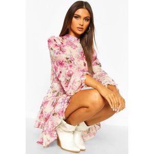 boohoo Floral Print High Neck Frill Hem Skater Dress