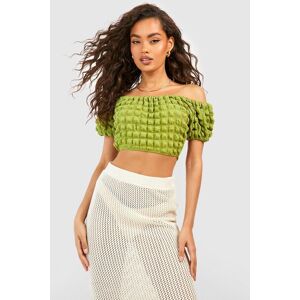 boohoo Popcorn Textured Puff Sleeve Off The Shoulder Cropped Top