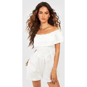 boohoo Poplin Bardot Tie Back Shirred Playsuit