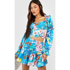 boohoo Floral Puff Sleeve Corset & Ruched Mini Skirt