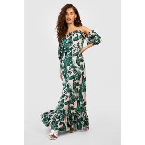 boohoo Palm Print Bardot Ruffle Maxi Dress