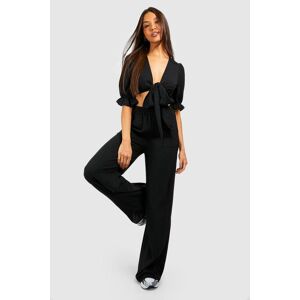 boohoo Hammered Knot Front Puff Sleeve Crop & Wide Leg Trousers