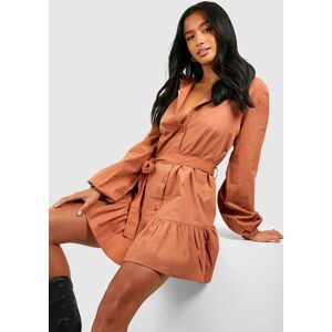 boohoo Petite Cotton Ruffle Hem Belted Shirt Dress