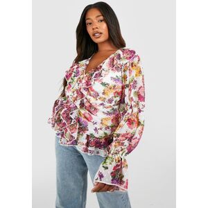 boohoo Plus Floral Ruffle Front Dobby Mesh Blouse