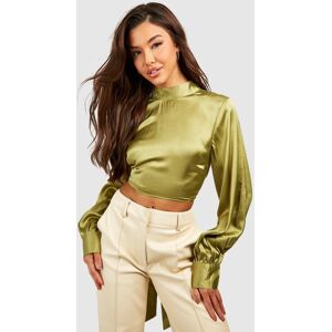 boohoo High Neck Tie Back Cropped Satin Blouse