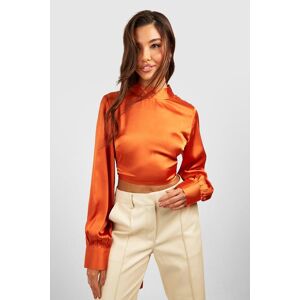 boohoo High Neck Tie Back Cropped Satin Blouse