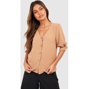 boohoo Hammered Puff Sleeve Button Front Blouse