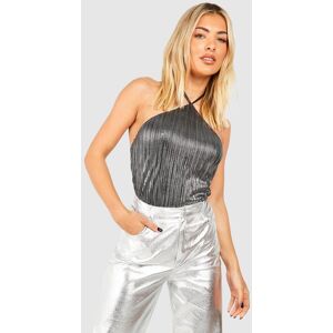 boohoo Metallic Plisse Halterneck Bodysuit