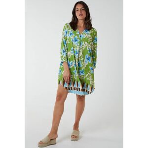 Blue Vanilla Floral Border Print V Neck Tunic Dress