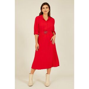 Mela Red Pleated Skirt Midi Dress With Gold Buckle