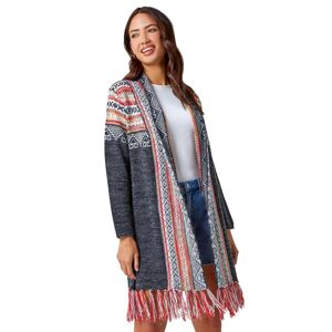 Roman Aztec Print Tassel Hem Longline Cardigan